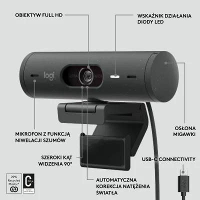 Webkamerë Logitech Brio 500 (960-001422) Full HD 1080p USB-C, Graphite