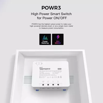 Switch smart Wi-Fi SONOFF POWR3, matje konsumimi energjie, 25A/5500W, 2.4GHz, i bardhë/gri