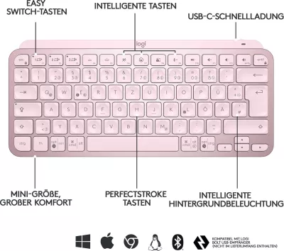 Tastierë Logitech MX Keys Mini, Wireless, LED, Pink
