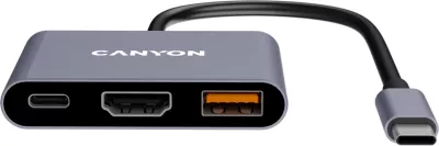 Hub USB-C CANYON DS-4 3n1 me HDMI, USB 3.2 Gen 2 dhe Power Delivery 100W, gri