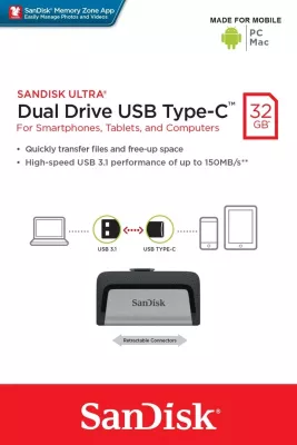 USB flash drive SanDisk Ultra Dual Drive USB Type-C 32 GB, e zezë, argjendtë