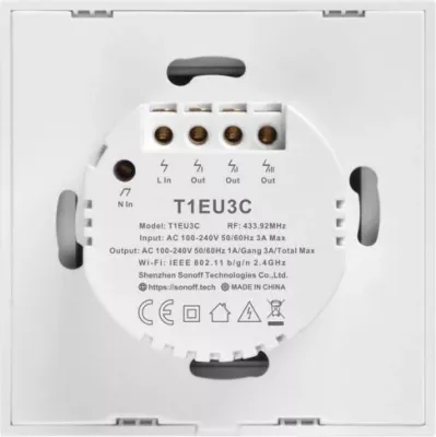 Switch muri smart SONOFF T1EU3C-TX, 3-taster, Wi‑Fi + RF433, EU, xham i temperuar, i bardhë