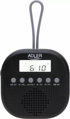 radio waterproof ADLER AD1912, FM, IPX4, me orë dhe alarm të dyfishtë, me grep silikoni, e zezë
