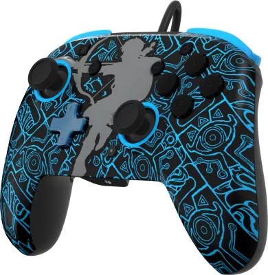 Kontroller me kabllo PDP REMATCH Glow in the Dark Link për Nintendo Switch, me audio 3.5mm dhe butona të rimapueshëm, zi/kaltër