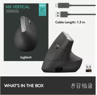 Maus ergonomik vertikal Logitech MX Vertical 4000 DPI, Bluetooth + Unifying, USB-C, i zi