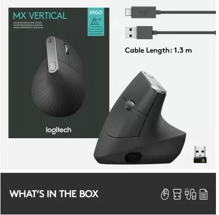 Maus ergonomik vertikal Logitech MX Vertical 4000 DPI, Bluetooth + Unifying, USB-C, i zi thumbnail 5