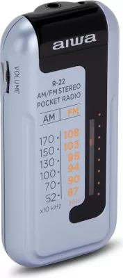 Radio portative AM/FM Aiwa R-22, HyperBASS, 3.5mm, me Kufje dhe bateri, blu e çelët