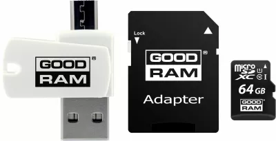 Kartë memorje MicroSDXC GoodRam All in One M1A4-0640R12 64GB Class 10 UHS-I/U1 me adapter dhe lexues USB 2.0/micro USB