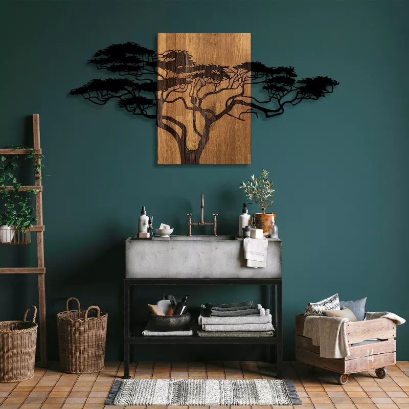 Aksesor dekorativ për mur, dru dhe metal, motiv peme akacie, ngjyrë e zezë dhe arre, 144x3x70cm