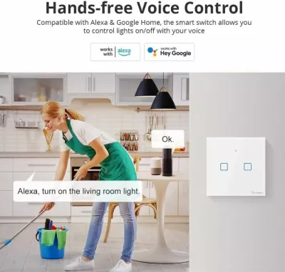 Switch muri smart SONOFF T1EU2C-TX, Wi-Fi + RF433, 2-kanal, EU, i bardhë