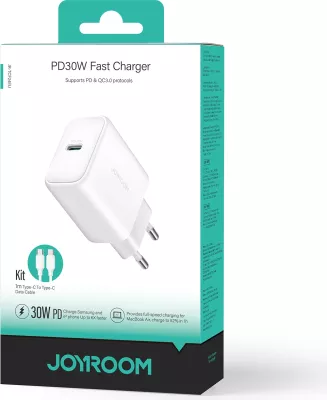 Karikues rrjeti USB-C PD 30W QC SFC, Joyroom JR-TCF24, 1 port, PPS, prizë EU, kabllo USB-C 1m, i bardhë, set