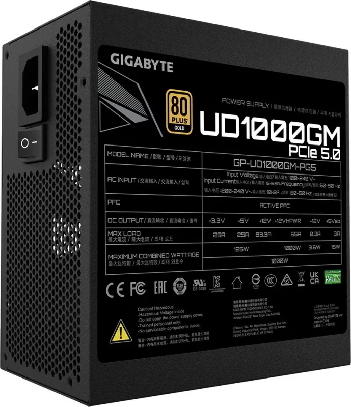 Furnizues energjie Gigabyte UD1000GM PG5, 1000 W, 100 - 240 V, 50 - 60 Hz, 6.5 - 15 A, Active, 16 ms