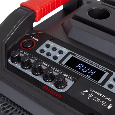 Altoparlant portativ Bluetooth Aiwa KBTUS-608 80 W RMS me drita RGB, me karrocë me rrota, i zi, me 2 mikrofonë wireless