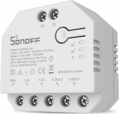 Switch smart Wi‑Fi SONOFF DUALR3 Lite 2-kanal 10A, kontroll motor/perde, i bardhë