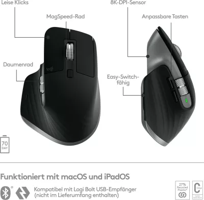 Maus Logitech MX Master 3S për Mac, Wireless, 8000 DPI, E zezë, Argjendtë