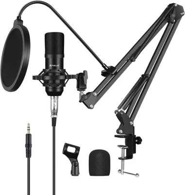 Mikrofon kondensator Puluz PU612B për studio, me filtër POP, i zi, set me aksesorë