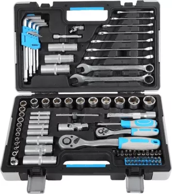 Set çelësash me racetë MEGA 58091, 91 copë, 1/2\" + 1/4\", zi/kaltër