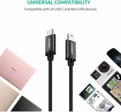 Kabllo USB-C (M) në Mini USB 5-Pin (M), UGREEN 50445, 1m, USB 2.0 480Mbps, e zezë, polybag