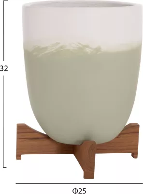 Set 2 copë vazo terrakote SEON FH4686.09, ngjyrë e bardhë dhe e gjelbër e çelët, me baza prej druri tik
