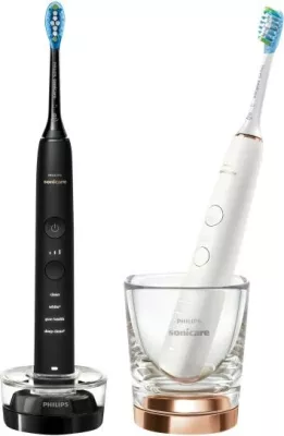 Furçë dhëmbësh elektrike, Philips, Sonicare DiamondClean 9000 HX9914/57, 4 moda 3 intensitete, BrushSync, sensor presioni, aplikacion, set me 2 doreza, zezë dhe bardhë