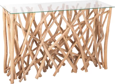 Konsolë në stil rustik, degë teak të ngurta, ngjyrë natyrale & xham, 120x35x75H cm, FH9373