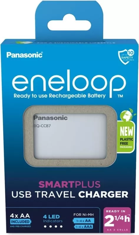 Karikues baterish Panasonic Eneloop Smartplus BQ-CC87 me 4x AA 2000 mAh, Bardhë