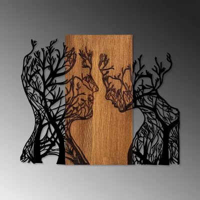 Aksesor dekorativ për mur, dru dhe metal, grua dhe burrë, ngjyrë arre dhe e zezë, 58x70cm