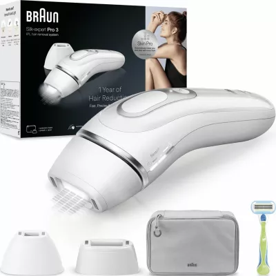 Depilator IPL, Braun, Silk-expert Pro 3 PL3122 / 238410, sensor i lëkurës për intensitet automatik, përdorim në shtëpi, bardhë, set me 2 koka + brisk + çantë
