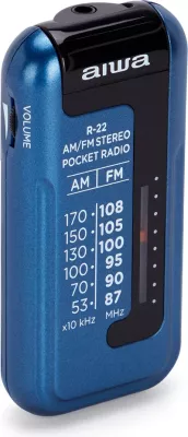 Radio portative xhepi Aiwa R-22BL AM/FM, me kufje, blu, set me bateri AAA