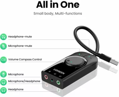 kartë zëri USB e jashtme UGREEN 40964, USB 2.0, 3x 3.5mm, kontroll volum + mute, e zezë