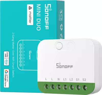Switch smart dy-kanalësh Matter, Sonoff MINI-2GS, Wi‑Fi 2.4GHz, 2x10A 16A total, i bardhë