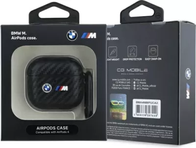 Mbështjellës BMW Carbon Double Metal Logo për AirPods 4, i zi