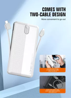 Power bank LDNIO PQ13 10000mAh 22.5W me kabllo të integruara USB-C + Lightning (1C1L) dhe 1x USB-A, e bardhë