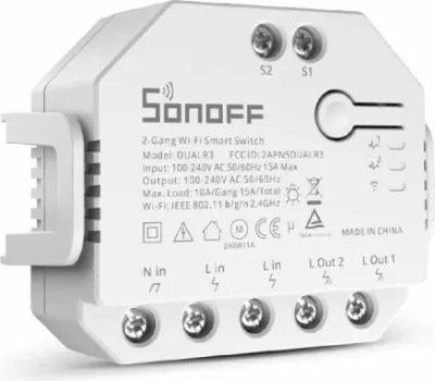 Switch smart Wi‑Fi 2-kanalësh SONOFF DUALR3, kontroll për perde/roleta, matje energjie, 100–240V 10A, 3300W, i bardhë
