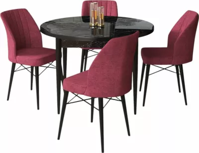 Tavolinë me karrige për ngrënie (5 copë), Skye Decor, Rox, mermer i zi, burgundy