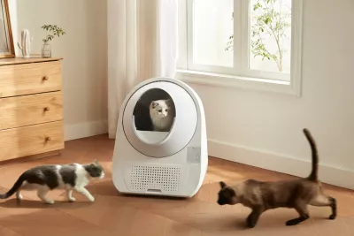 Kuti inteligjente vetëpastruese për rërë maceje Catlink Luxury Pro-X 57 L, 13 L depo mbetjesh, e bardhë, set me 3 qese + 2 filtra