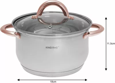 Set tenxheresh dhe tigan inox KingHoff KH 1768, 12 copë, për induksion, kapakë xhami, argjend me aksente rozë-ari