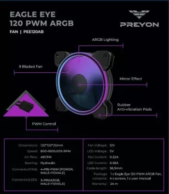 Ventilator PC PREYON Eagle Eye 120 PEE1201B 120 mm PWM ARGB, i zi