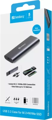 Kasë Sandberg 136-39 për SSD M.2 NVMe, USB 3.2 Gen 2 10Gbps, deri 4TB, gri e errët