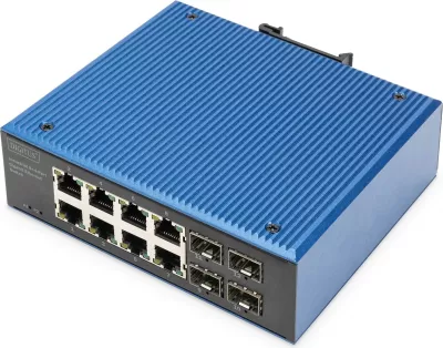 Switch industrial Digitus DN-651152, 8 porte Gigabit, 4 porte SFP, kasë metalike, IP40, blu