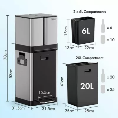 Kosh mbeturinash VONHAUS 1500150 32L me 3 ndarje, çelik inox, argjend