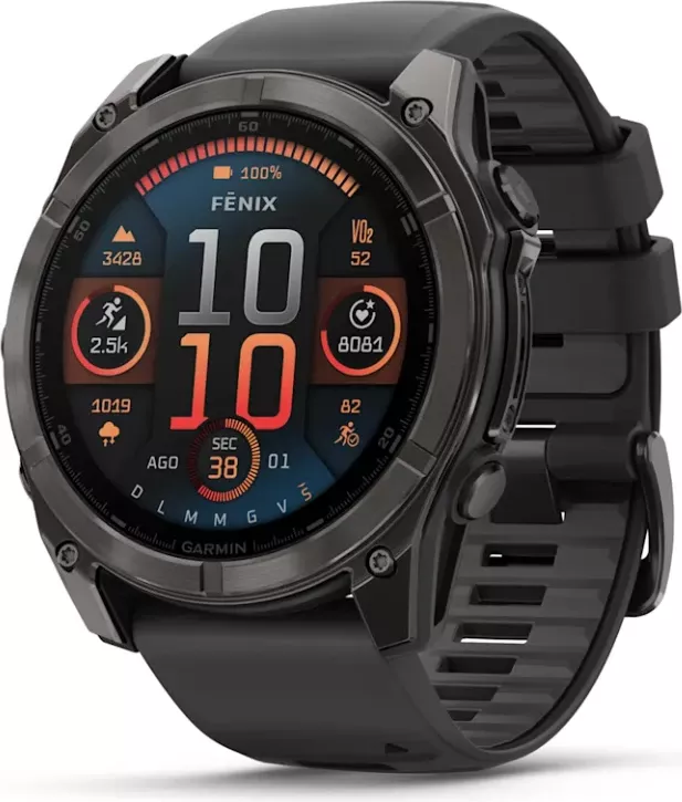 Smartwatch Garmin fēnix® 8 AMOLED, Sapphire, Carbon Grey DLC Titanium with Black / Pebble Grey silicone band, 51 mm