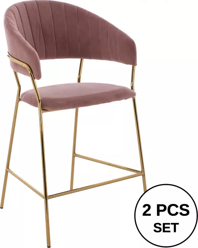 Karrige për bar, mesatare, FH8734.02, kadife ngjyrë rozë e pluhurosur, kornizë e artë, 60x55x100 cm, set prej 2 copë