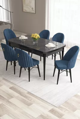 Set tavolinë me karrige për ngrënie, zgjatës, Skye Decor, rozë - mermer i zi, blu e errët (7 copë)