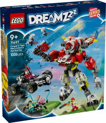 Set ndërtimi LEGO DREAMZzz 71497, Cooper Tiger-Mech & Zero Hot Rod, 1006 pjesë, multikolor