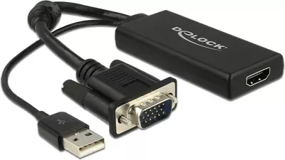 Adapter VGA në HDMI DeLOCK 0.25m, USB2.0, Full HD, e zezë