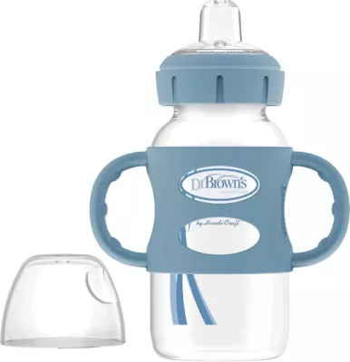 Shishe Dr. Brown’s Milestones, 270ml (9oz) – Grykë e Gjerë, Doreza Silikoni, 6m+, Blu