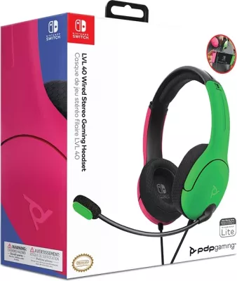 Kufje gaming PDP LVL40 stereo me mikrofon, të lidhura me kabllo, rozë/jeshile