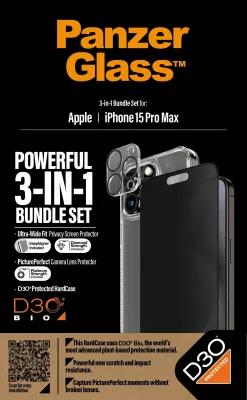 Set mbrojtës 3-në-1 PanzerGlass Privacy për iPhone 15 Pro Max, transparent, paketë 3 pjesë
