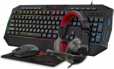 Set gaming 4-në-1 HAVIT Gamenote HV-KB501CM (tastierë USB SLO me LED, maus 6-tasta, mauspad, kufje stereo), e zezë/kuqe
